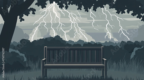 An illustration of a bench with a view of lightning