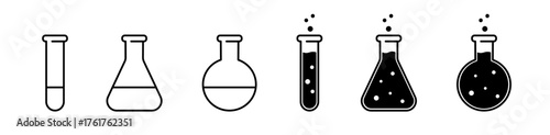 Laboratory chemical flasks icon set. Erlenmeyer,  alchemy symbol. Editable troke. Vector illustration. 