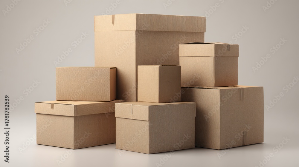 Fototapeta premium A stack of various sized, unopened cardboard boxes against a neutral gray background