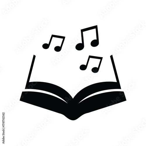 Open book with musical notes floating above it in black silhouette