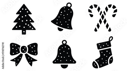 Snow-dotted Christmas silhouette icon set with tree, bell, candy cane, bow, and stocking for festive winter design and seasonal decor