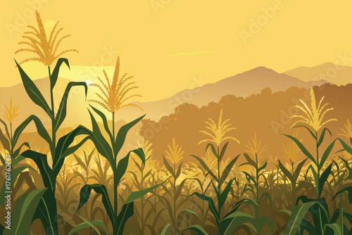 Flat realistic cornfield bathed in soft sunrise glow, vibrant yellow stalks stretch towards horizon.
