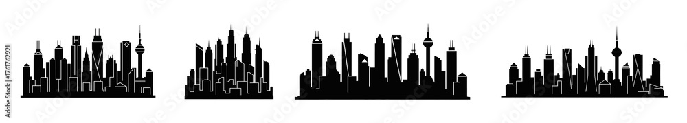 Fototapeta premium A black silhouette of a city skyline with multiple buildings and skyscrapers.