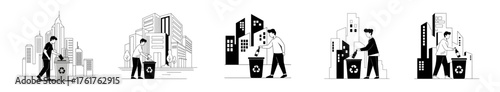 A series of illustrations depicting people engaging in waste disposal and recycling activities in an urban environment.