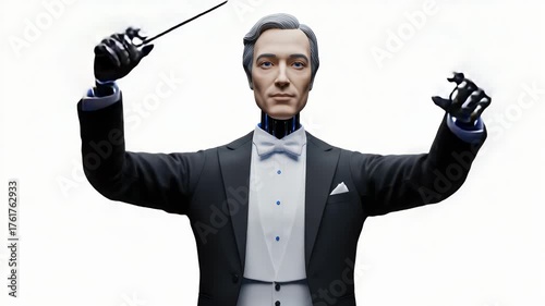 A humanoid robot conductor elegantly orchestrating a symphony, set against a minimalist white background