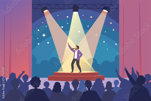 Flat realistic illustration of brand ambassador, confident pose, diverse, professional attire, studio background, modern, clean design.