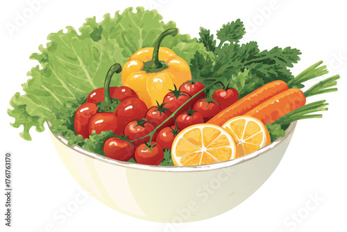 Flat realistic illustration of a vibrant mixed salad bowl with fresh greens, colorful vegetables, and a light vinaigrette.