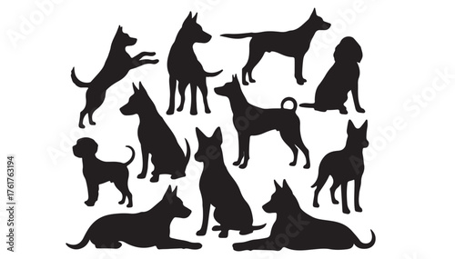 Set of various dog silhouettes in different poses. Vector graphic collection of multiple canine breeds sitting, standing, and jumping, isolated on white