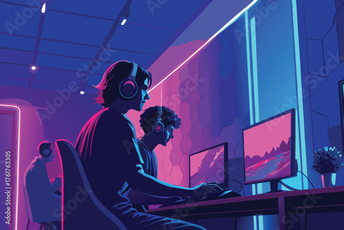Flat, realistic illustration of young diverse gamers, focused, intensely playing video games, surrounded by gaming equipment, vibrant, dynamic, modern.