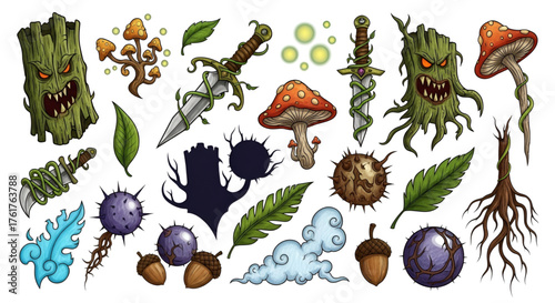 Fantasy game assets collection tree monster mushroom sword leaf acorn cloud magic spikes roots