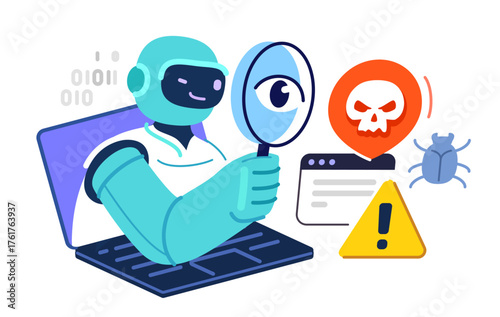 Securing data with AI technology. Robot protects laptop from malware and computer viruses. Cybersecurity