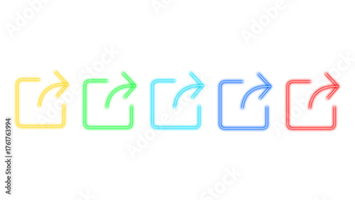 A vibrant set of five neon share icons with arrows pointing outwards, presented in a clean row on a white background, symbolizing connection and outbound links in a digital context, perfect for web de