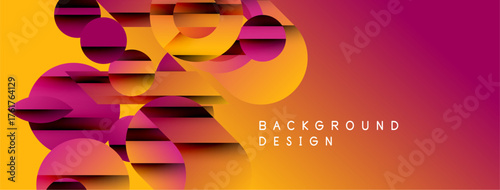 Abstract geometric shapes blend vibrant orange, pink hues. Modern design creates dynamic background texture. Minimalist text complements composition.