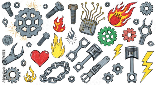 Mechanical engineering parts and components vector illustration design for graphic projects