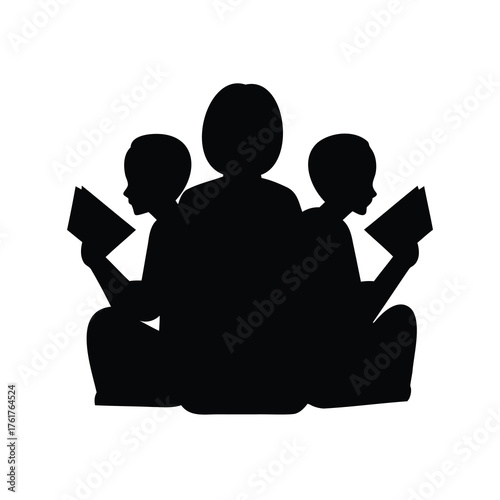Silhouette of woman and children reading books together in a family activity