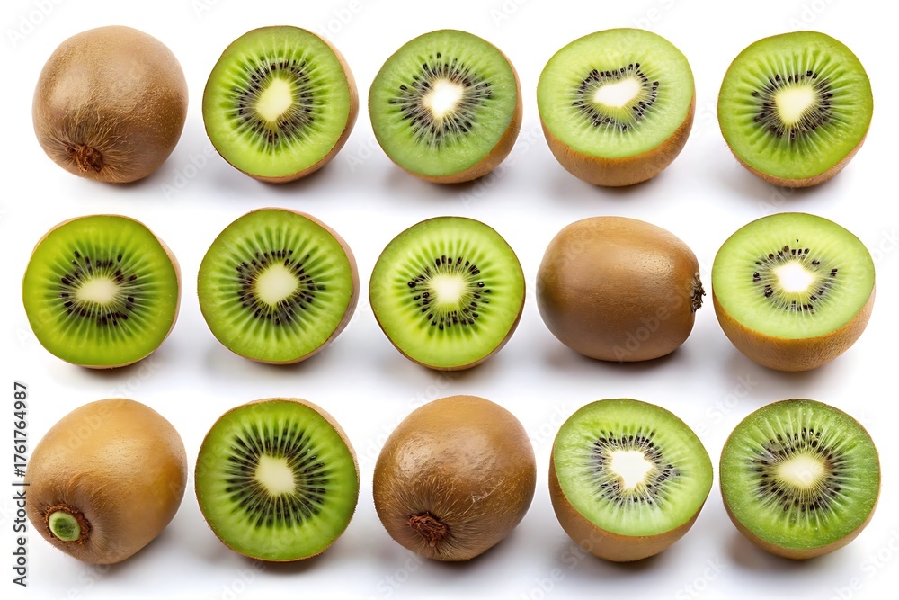 Fototapeta premium Row of kiwi fruit with the slices cut out