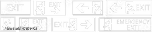 Emergency Exit line art Icon set.illustration of running man and exit door sign. Escape and evacuation symbol.Various exit sign isolated white background.Evacuation and relocation of people to safety.