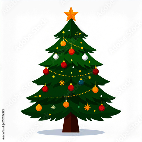 Festive Holiday Christmas Tree Adorned with ornaments, a star, and cheerful decorations for seasonal celebration