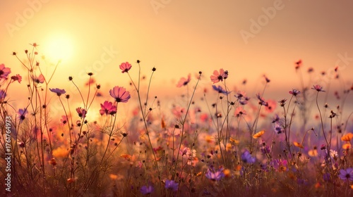 A vibrant sunset bathes a wildflower field in golden light, creating a dreamy scene