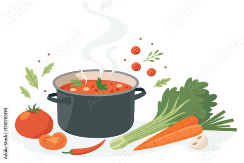 Flat realistic top-down view of vibrant fresh vegetables simmering in a pot, culinary process, healthy homemade soup preparation, kitchen counter.