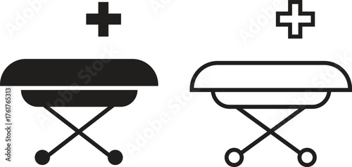 Hospital bed icon set with medical healthcare symbols in flat and outline vectors illustration of patient bed, clinic equipment, emergency ward, intensive care, and hospital service designs concept.