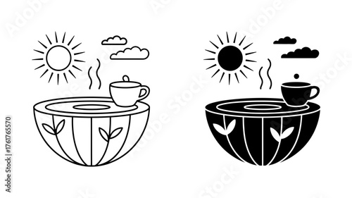 Vector art of outdoor hot tub with a cup of tea or coffee under the sun and clouds a relaxing spa day scene