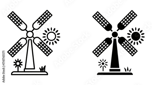 Vector art of wind turbine with solar panel and flower, a symbol of renewable energy and sustainability eco power icon