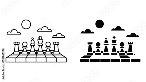 Vector art of chess pieces on a chessboard icon set strategy game, competition, and intellectual challenge concept