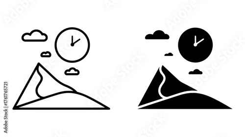 Vector art of mountain landscape with a clock in the sky, representing time and nature, a peaceful scene