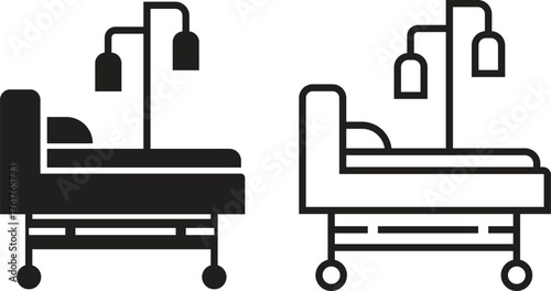 Hospital bed icon set with medical healthcare symbols in flat and outline vectors illustration of patient bed, clinic equipment, emergency ward, intensive care, and hospital service designs concept.