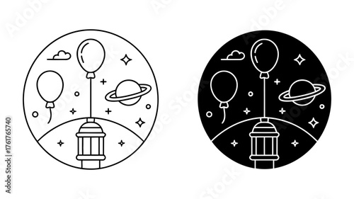 Vector art of ramadan lantern with balloon and planet line art vector illustration islamic holy month celebration concept design