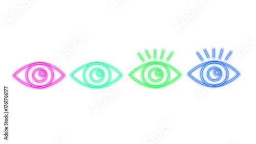 Set of colorful neon eye icons with spiral pupils and radiating lines representing vision, perception, or hypnosis on a white background, vector illustration	