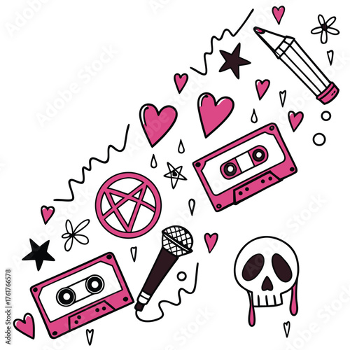 Pink and purple punk rock doodles on white background