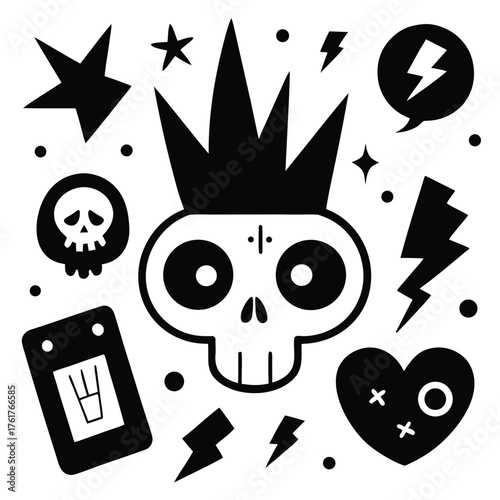 Punk rock skull and lightning bolt graphic elements