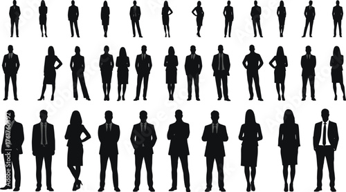 Business people silhouettes, black icons, professional poses, corporate attire, male and female figures, office staff, standing, walking, formal dress