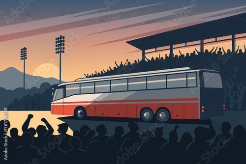 Football team bus arrives at stadium to cheering fans.