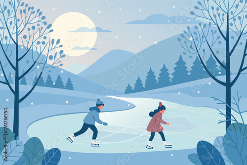Flat vector illustration, frozen lake, happy kids ice skating, winter fun, snowy landscape, frosty trees, clear blue sky.