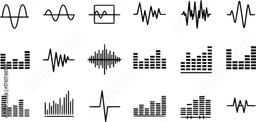 Minimalist waveform and equalizer icons for audio design and technology projects