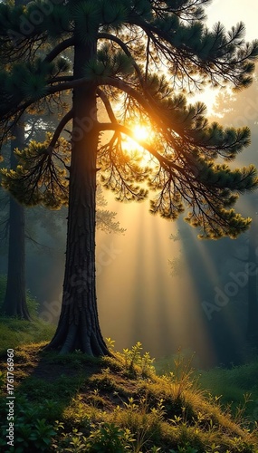 Majestic Pine Tree Dappled Sunlight Serene Forest Scene, Golden Light Filtering Through Branches, Peaceful Nature Photography, Ideal for Nature Projects and Designs