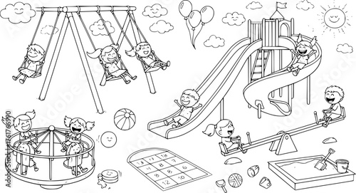 Playground fun: hand-drawn doodles with swings, slides, and games for kids