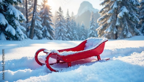 Vibrant Red Sled in Pristine January Snow Peaceful Winter Wonderland, Ready for Fun