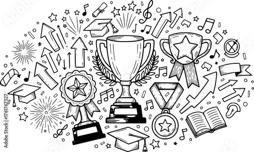 Celebration and achievement doodle with trophies and symbols