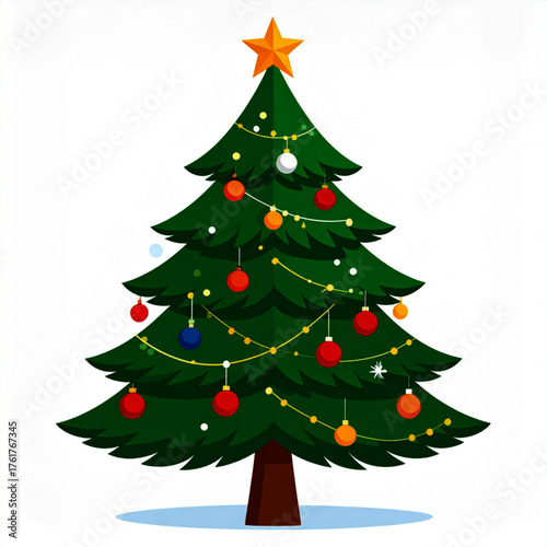 Festive Holiday Season A Detailed Illustration of a Decorated Christmas Tree with Ornaments, Lights, and a Star