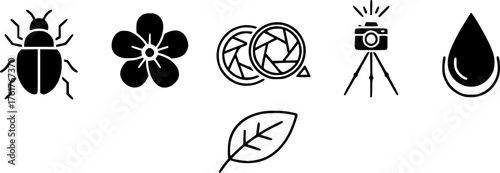 Minimalist icons set: insect, flower, camera lens, tripod, leaf, and water drop