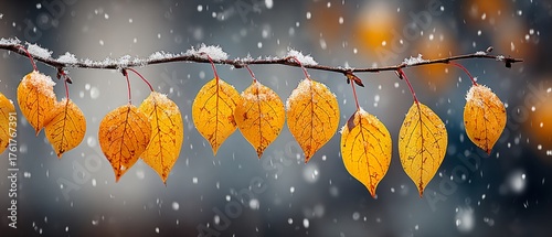 Apple tree leaves clad in winter's first frost. Design template. Subtle shades: early snow and pale leaves in a winter garden. Minimal design. Copy space.