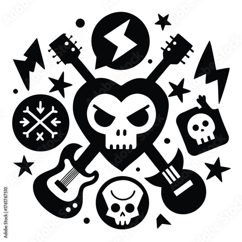 Rock and Roll Skull Heart and Guitars Collage music