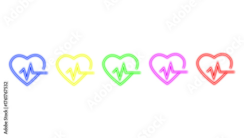 A vibrant and modern set of colorful neon heart and heartbeat line icons, symbolizing health, medical care, love, and vital signs, perfect for technology and healthcare designs.	