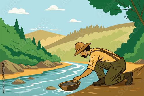 -gold-panning-scene-by-river-with-miner-washing-sa.eps