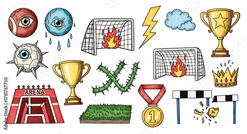 Cartoon sports elements vector set with soccer goals trophies and obstacles for graphic design needs
