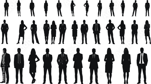 Business silhouettes collection, diverse professionals in formal attire, standing poses, corporate team, office people, leadership, teamwork, career, success, strategy